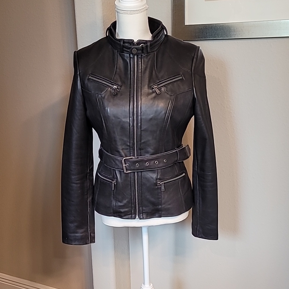 Black Leather Belted Jacket